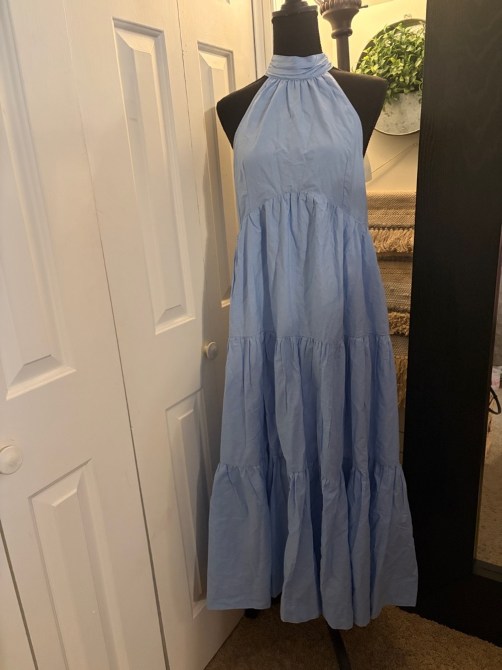 Maeve Sky Blue Tiered Halter Midi  Dress